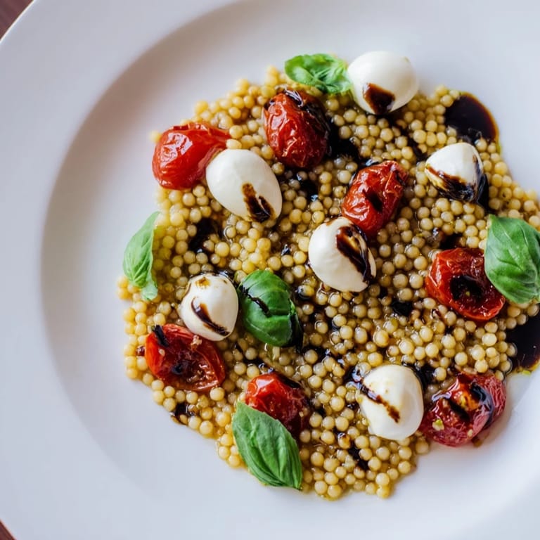 A vibrant bowl of Caprese couscous salad with juicy tomatoes and mozzarella, drizzled with sweet balsamic glaze.