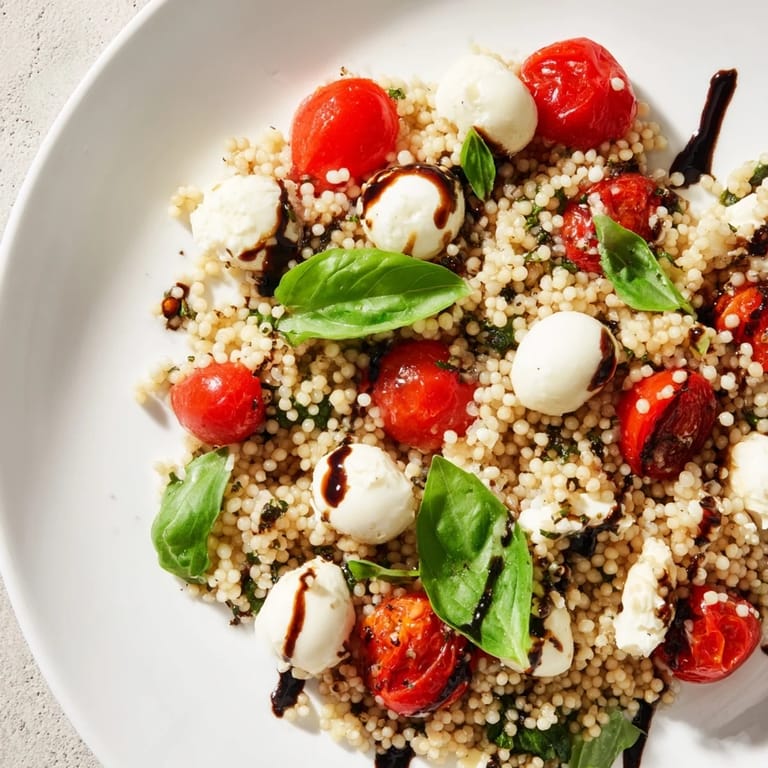 Caprese couscous salad served on a white platter, perfect for a quick and refreshing vegetarian lunch or picnic.  