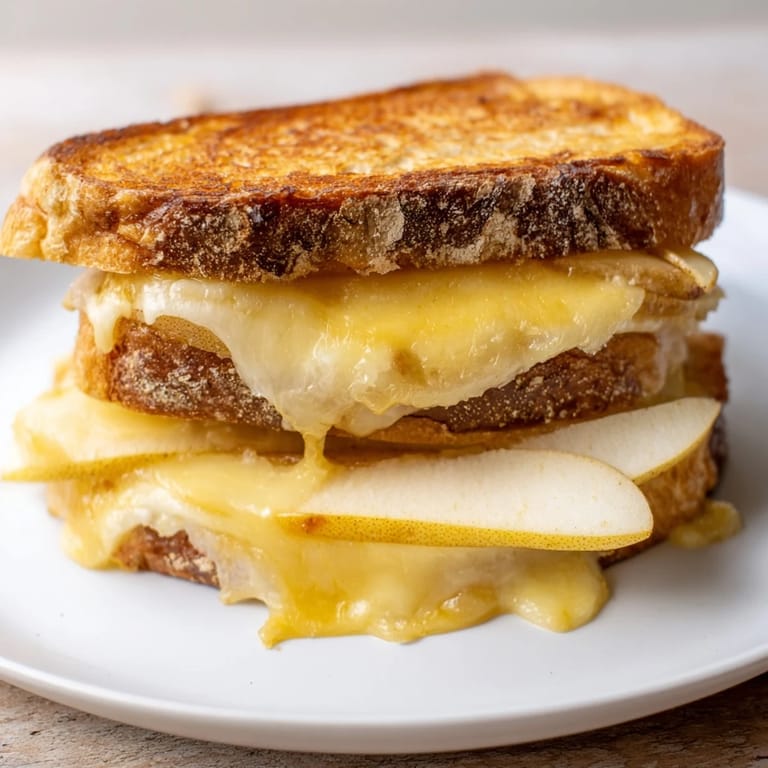 Close-up view of a gourmet smoked Gouda & apple grilled cheese, featuring gooey cheese and thin apple layers oozing from buttery, toasted bread.