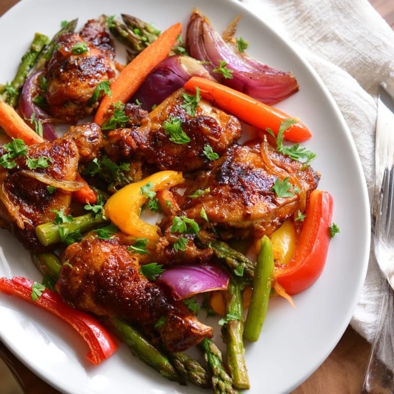 Served alongside fluffy white rice, this complete meal features tender chicken and caramelized vegetables coated in a sweet and savory sauce.