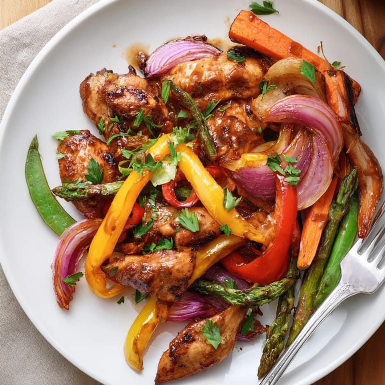 A close-up view shows bite-sized chicken and colorful veggies, glistening with honey garlic glaze, making for an easy weeknight dinner.
