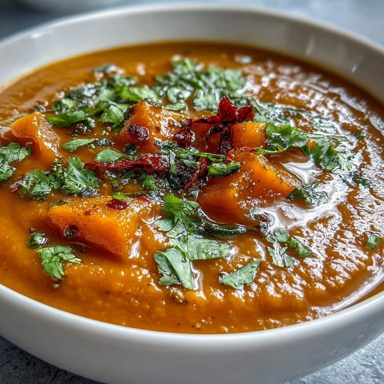 Velvety roasted butternut squash and lentil soup, a comforting plant-based spoonful.