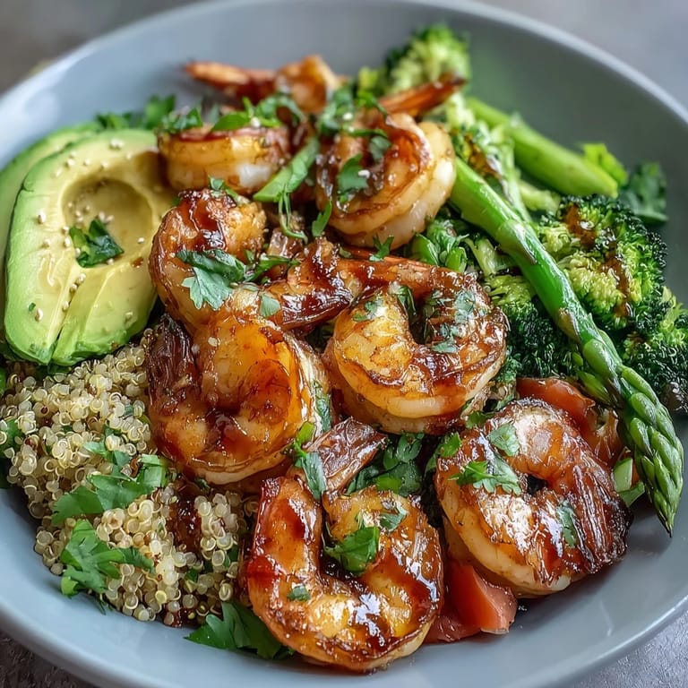 Colorful Detox Buddha Bowl with Shrimp and Quinoa includes fresh parsley, lemon wedges, and neatly arranged vegetables for a balanced, nutrient-packed meal.
