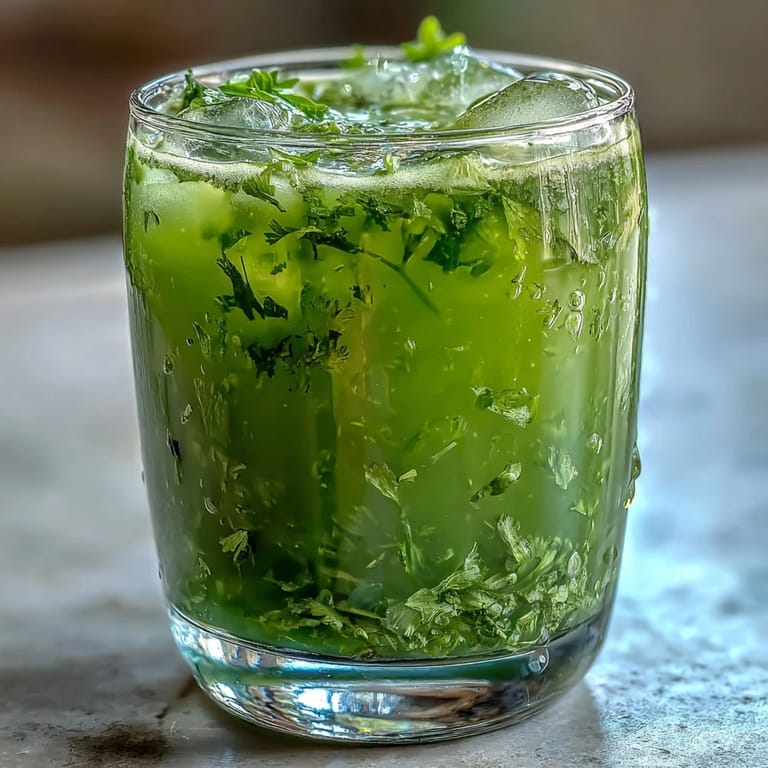 Close-up of Celery Ginger Lemon Juice served over ice, highlighting the refreshing and healthy morning beverage.