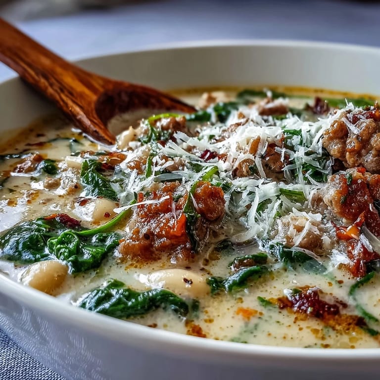 A bowl of Epic Creamy Tuscan White Bean Soup With Sausage served beside crusty bread for dipping.