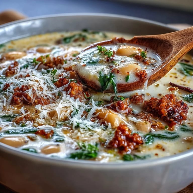 Hearty Epic Creamy Tuscan White Bean Soup With Sausage in a Dutch oven with a wooden spoon.