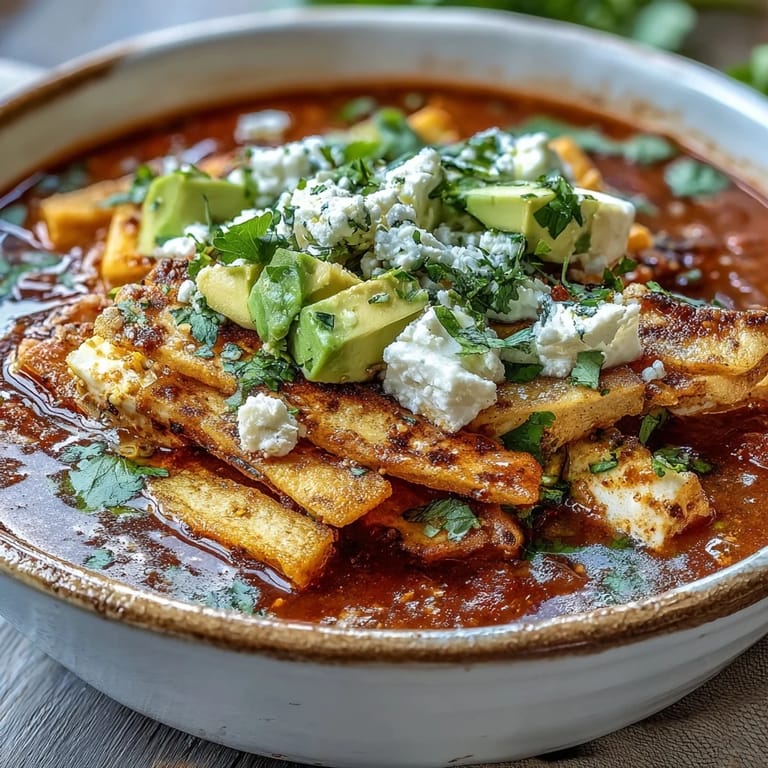 Bright Sopa Azteca topped with ripe avocado chunks and fresh cilantro, served with lime on the side.