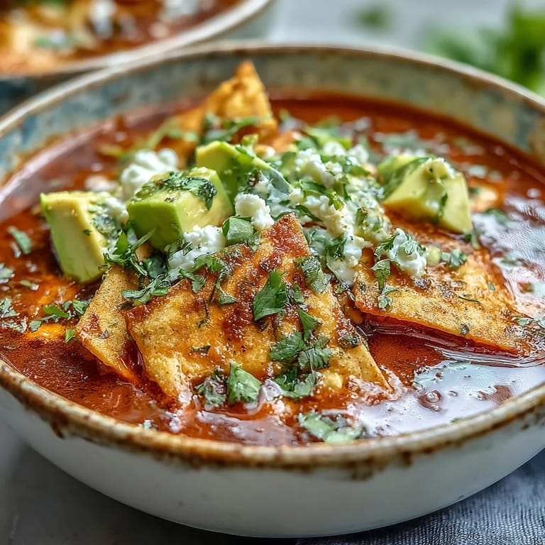 Colorful Sopa Azteca in a rustic Mexican clay bowl, garnished with crema drizzle for a vibrant look.