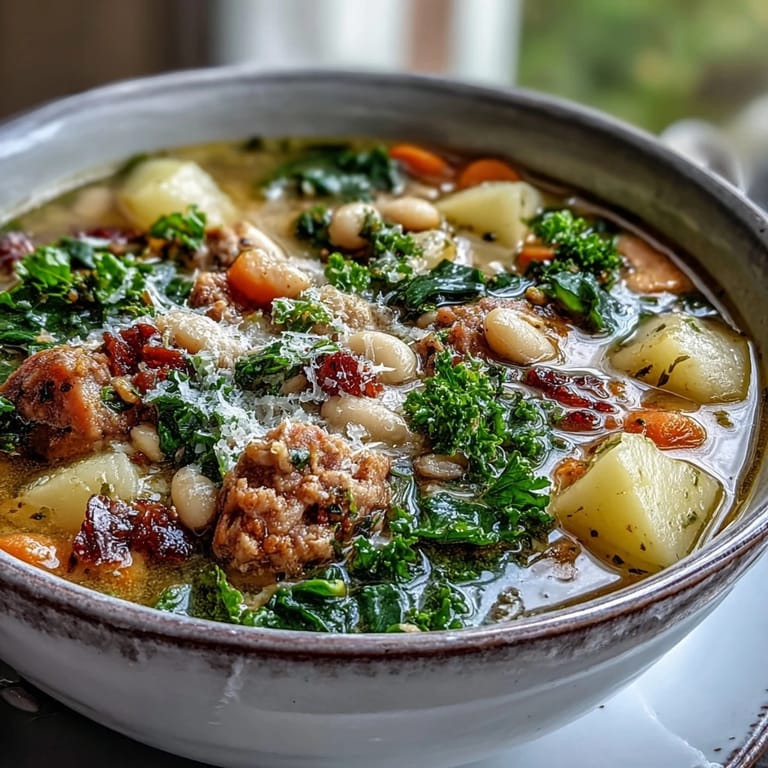 Creamy Tuscan White Bean Sausage Soup topped with grated Parmesan, served with rustic bread for dipping into the hearty broth.