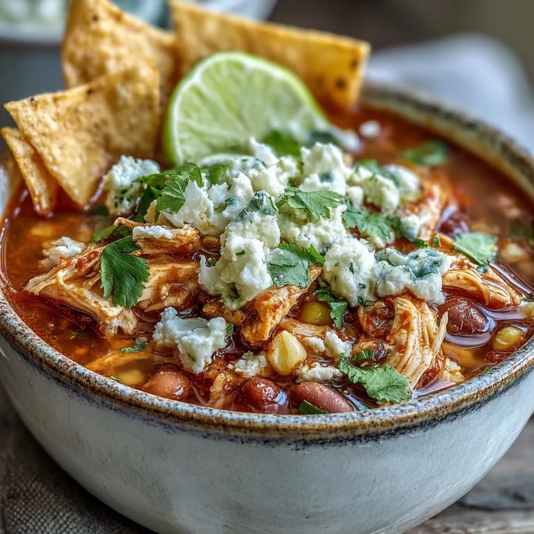 Ladle of hearty Chicken Tortilla Soup served with crispy tortilla strips and lime wedges, steaming in a rustic bowl.