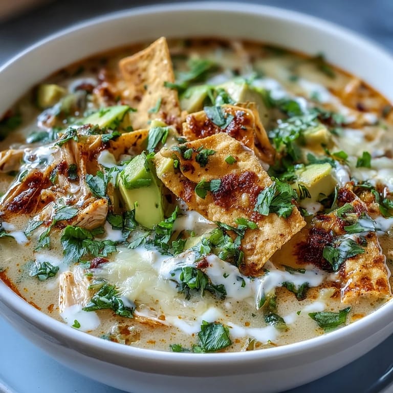 A close-up of Creamy Chicken Tortilla Soup shows creamy avocado, crispy tortilla chips, and melted cheese in a vibrant green broth.