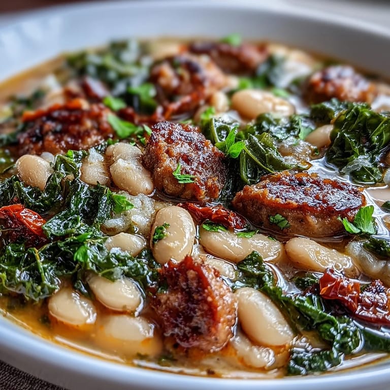 Spoon dipping into a cozy bowl of Italian White Bean Soup with Kale and Sausage, garnished with olive oil and Parmesan near warm bread.