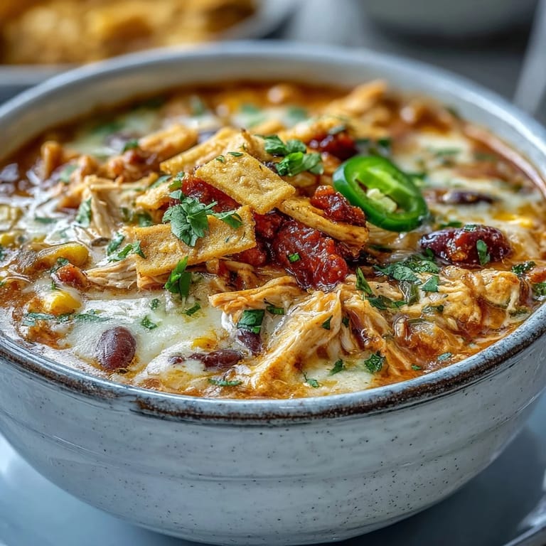 Hearty Tex-Mex Easy Chicken Tortilla Soup topped with jalapeños, cheese, and crunchy corn tortilla strips.