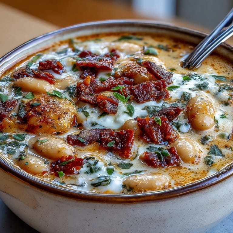 Spoonful of velvety Creamy Tuscan White Bean Soup revealing sun-dried tomatoes and fresh basil garnish.