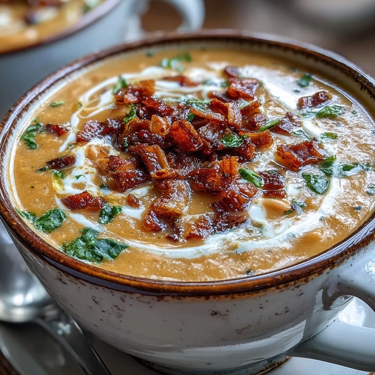 Warm Creamy Tuscan White Bean Soup in a white bowl, drizzled with olive oil and herbs.