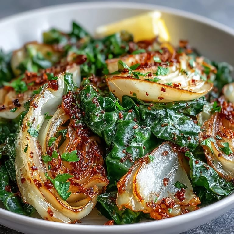 Vegan, gluten-free sautéed cabbage with garlic and Mediterranean spices, served as a warm side dish with lemon wedges nearby.