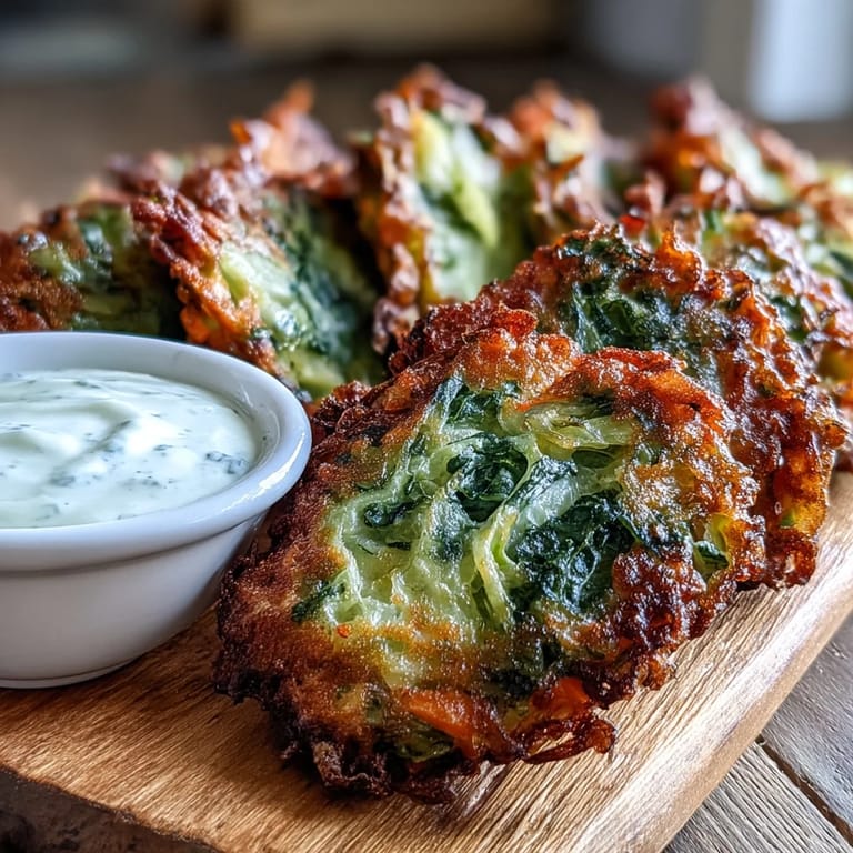 Homemade Cabbage Fritters With Dipping Sauce being dipped into a tangy sauce, showing the crispy texture.