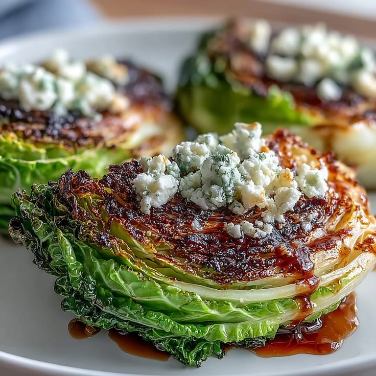 Close-up of Crispy Cabbage Steaks With Feta and Balsamic, showcasing caramelized edges and melty cheese, ready to serve with grilled chicken or steak.