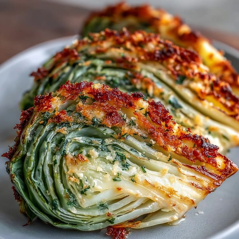 Caramelized cabbage wedges brushed with garlic oil and topped with parmesan on a baking sheet.