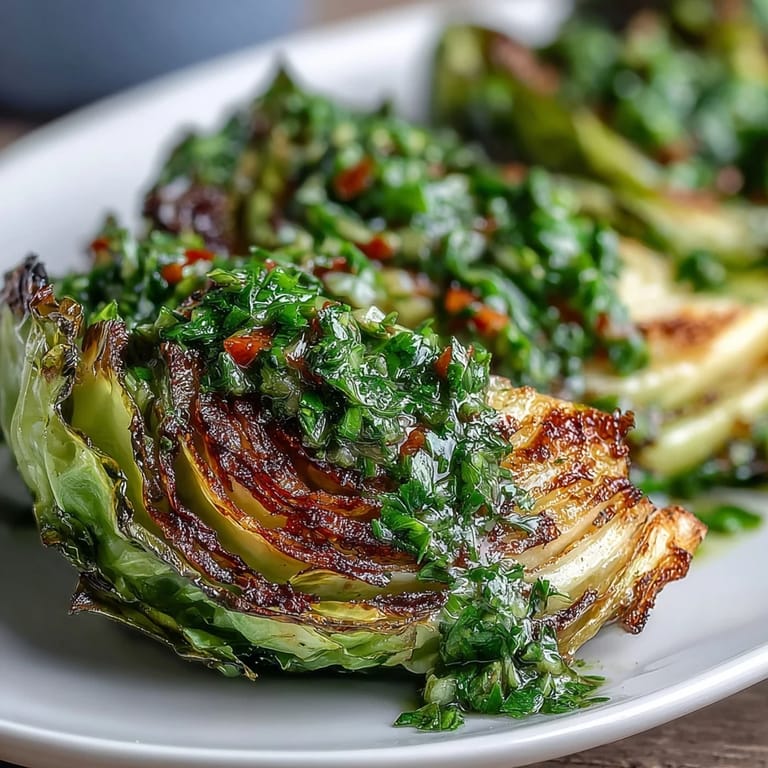 Caramelized Cabbage Steaks With Jalapeño Chimichurri plated, aromatic parsley and spicy peppers over tender wedges.