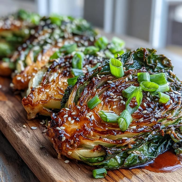Melt-in-your-mouth Miso Butter Roasted Cabbage Wedges served on a platter with green onions.