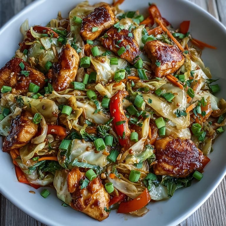 Golden chicken and crunchy cabbage tossed in a glossy umami sauce for this easy Chicken Cabbage Stir-Fry weeknight dinner.