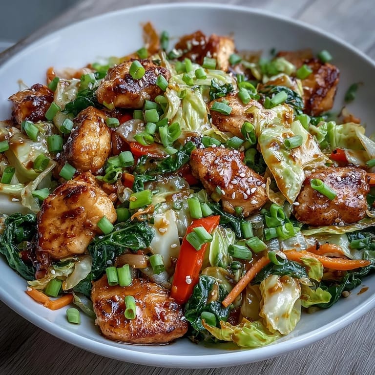 Colorful Chicken Cabbage Stir-Fry with vibrant red peppers and green cabbage served hot alongside a fluffy bed of steamed rice.
