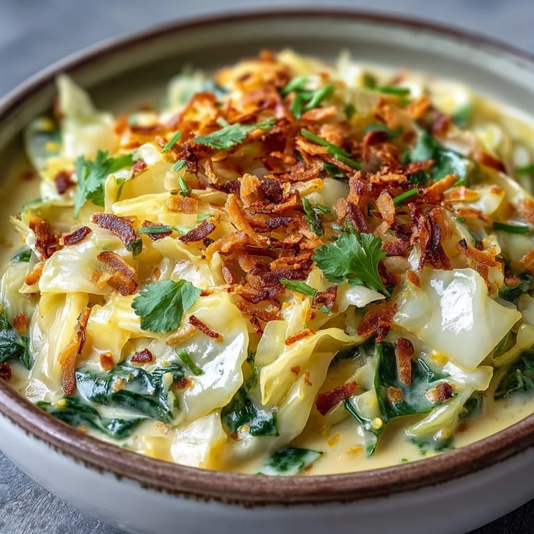 Fork-tender Coconut Braised Cabbage glistens with rich sauce, garnished with fresh cilantro and flaky coconut beside fluffy rice.