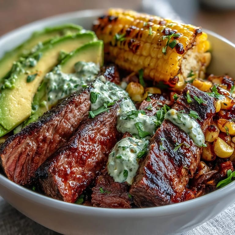 Tender steak and creamy avocado mingle with roasted corn and cherry tomatoes, finished with a zesty cilantro cream drizzle. 