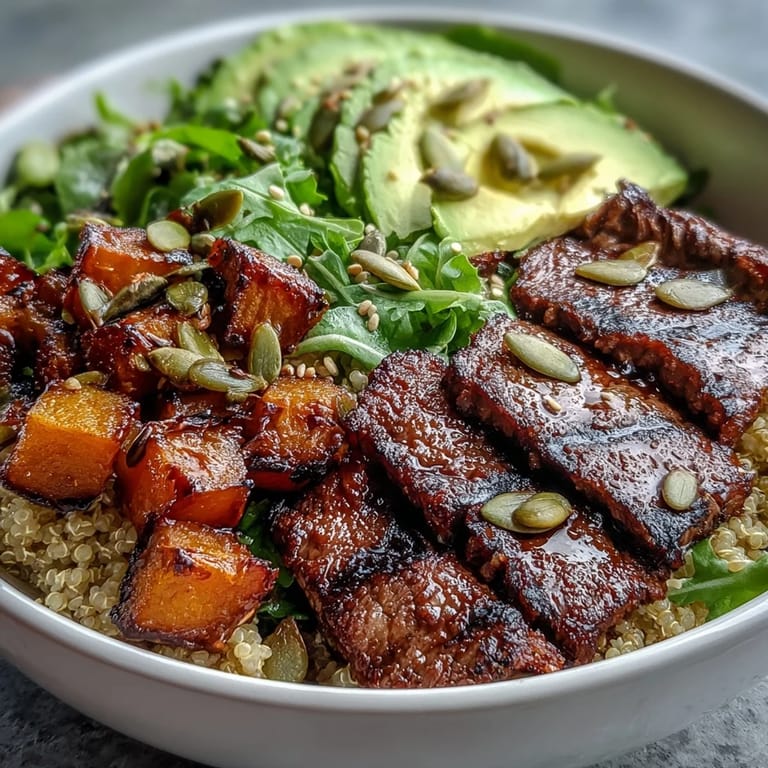 A close-up view of a hearty dinner bowl with caramelized squash cubes, tender steak strips, and fresh avocado slices on a bed of quinoa and spinach.