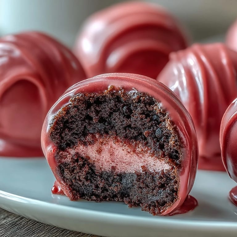 Cool creamy Oreo Truffle Balls with a crisp pink shell and rich chocolate center on a platter.