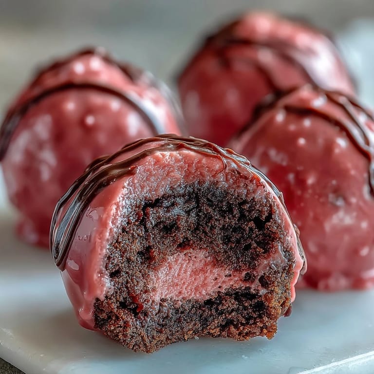 Bite-size Oreo Truffle Balls dipped in shiny pink candy coating served on a dessert tray.