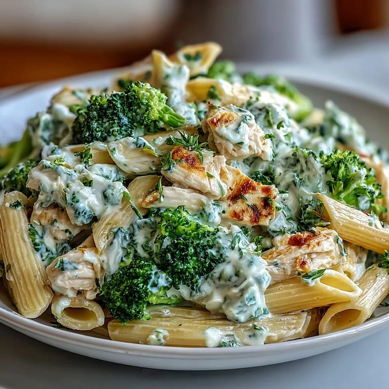 The finished High Protein Rotisserie Chicken Broccoli Pasta served in white bowls, garnished with fresh parsley and extra Parmesan, with a side of lemon wedges.