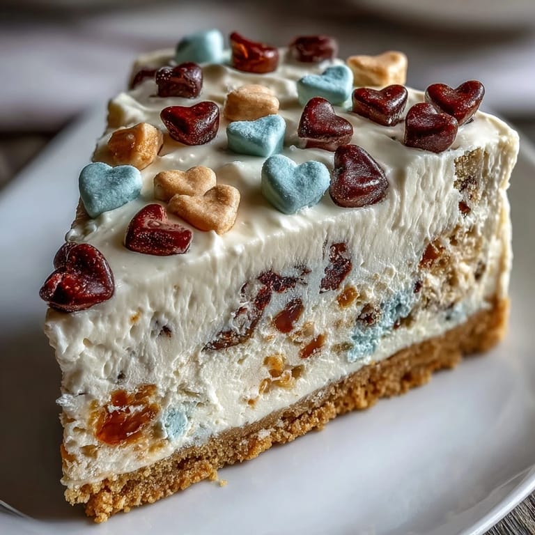 Sliced Candy Hearts Fake Cake showing silky cheesecake layers, decorated with conversation hearts and rainbow sprinkles for a festive look.