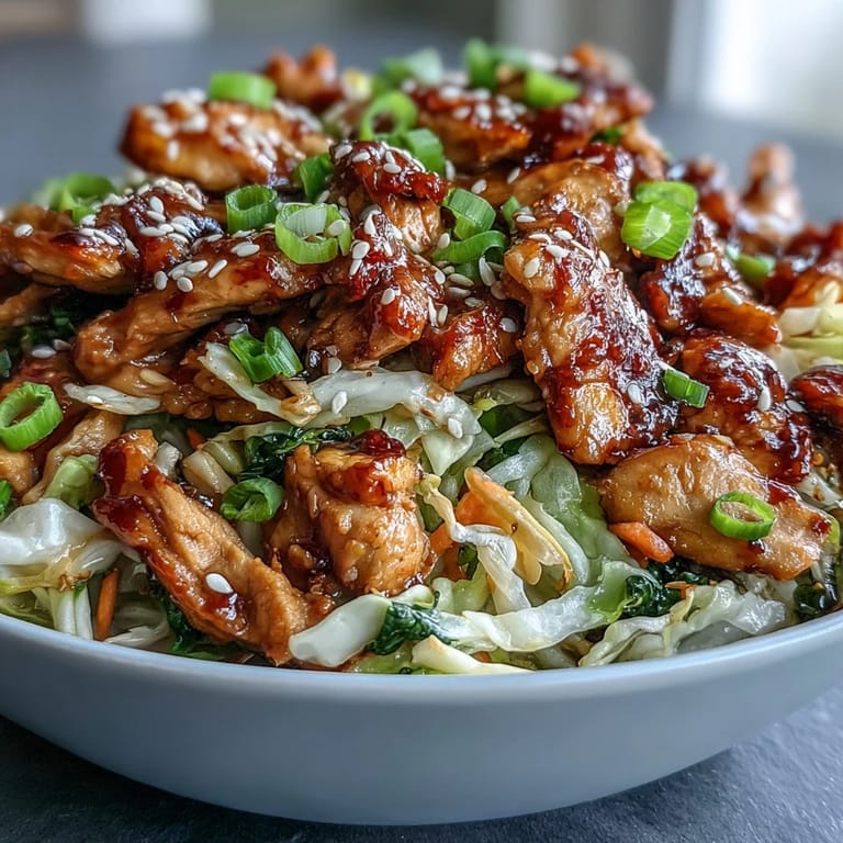 Steam rises from a hearty serving of Egg Roll Bowls with Chicken and Cabbage, garnished with sesame seeds for a satisfying crunch.