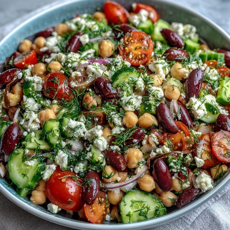 Hearty Greek Bean Salad with olives, tomatoes, and feta, perfect for a healthy vegetarian lunch or picnic.