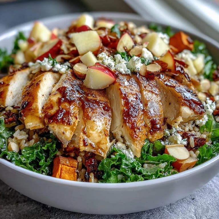 Colorful and nourishing, this Harvest Bowl layers warm roasted chicken, sweet potatoes, and wild rice with diced apples and crunchy nuts for a satisfying texture.