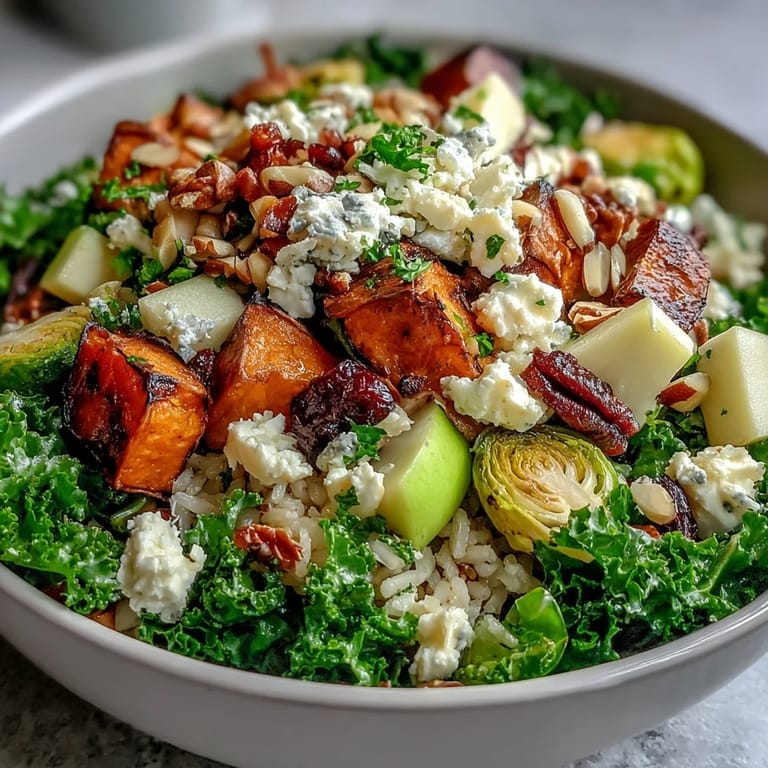 Vibrant Fall Harvest Bowl featuring crispy chickpeas, toasted almonds, and crumbled feta over wild rice.