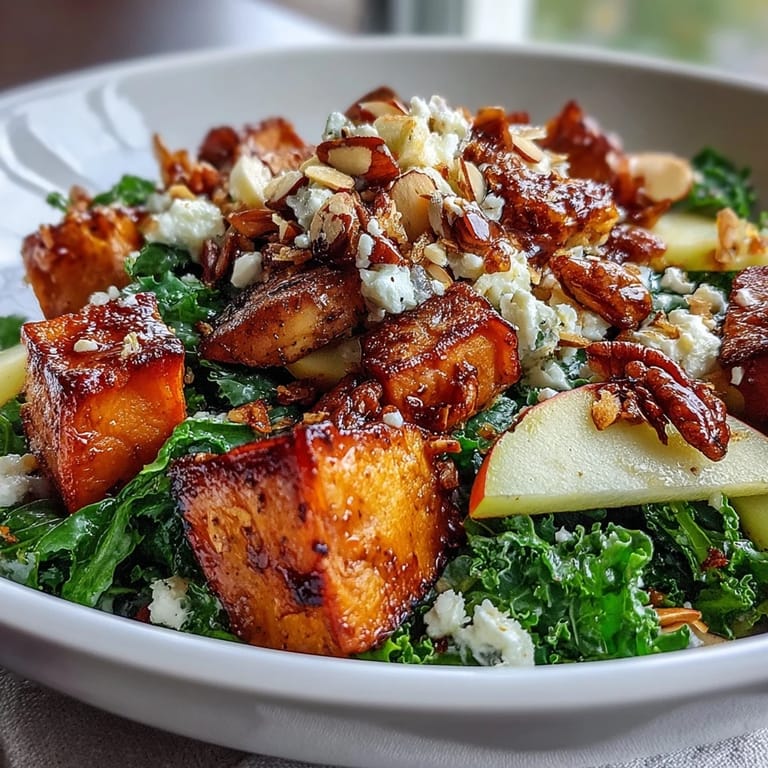 A finished Fall Sweet Potato Harvest Bowl features warm roasted chicken, tender sweet potatoes, and crumbled goat cheese on crisp kale.