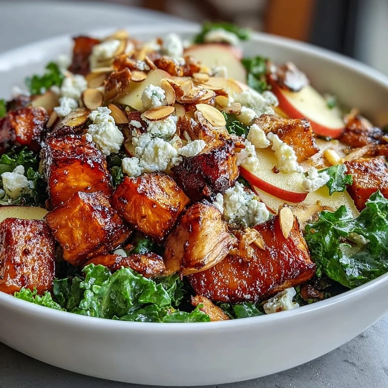 Sliced apples and toasted almonds add texture to a hearty Fall Sweet Potato Harvest Bowl drizzled with tangy balsamic vinaigrette.
