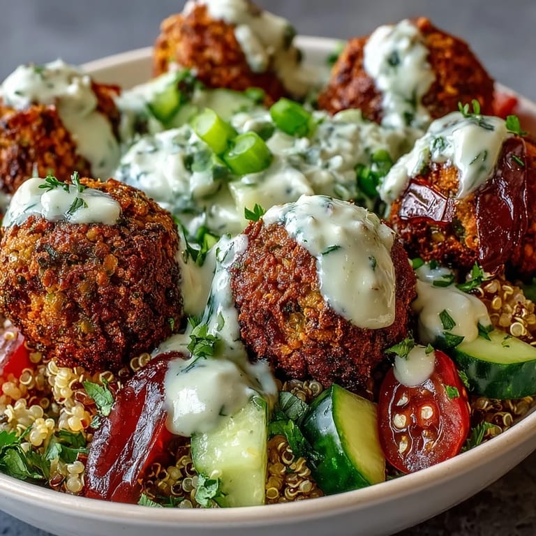 A wholesome Falafel Quinoa Salad Bowl ready to serve, featuring green onions and a rich tahini sauce for a savory finish.