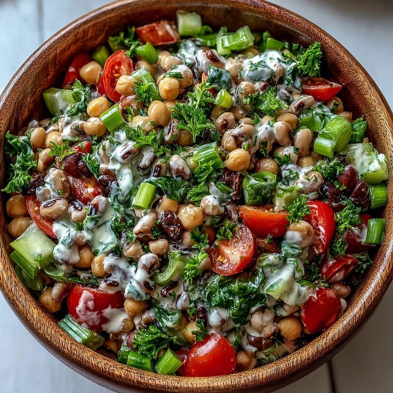 Serve this colorful New Years Hoppin John Salad with a sprinkle of smoked paprika alongside sparkling wine for a festive party dish.