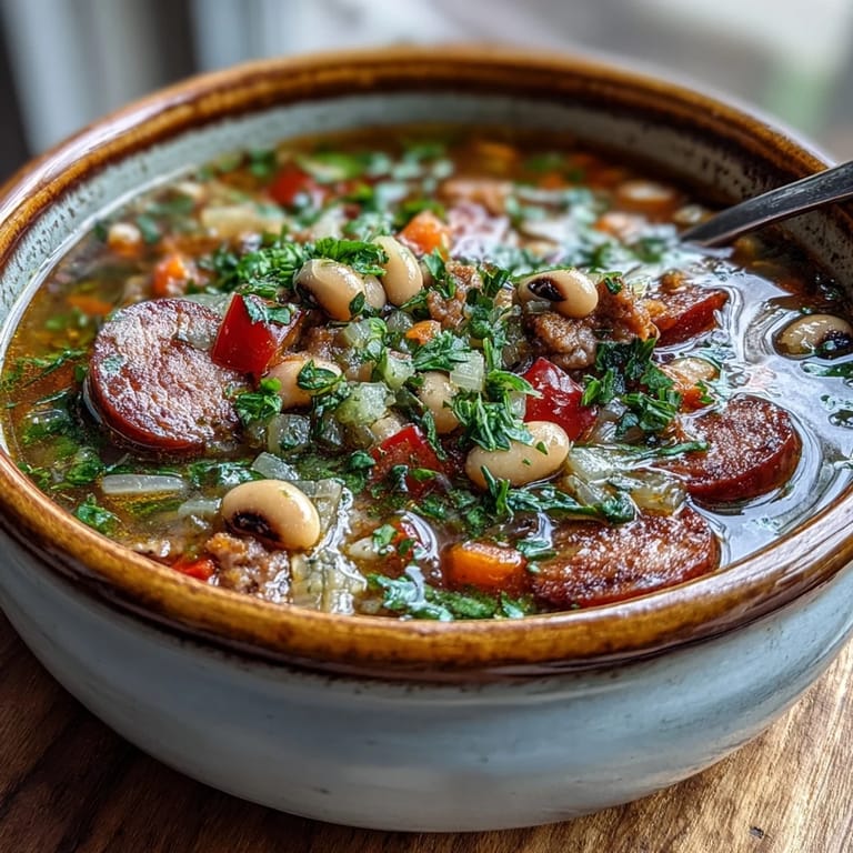 Rustic Dutch oven filled with savory Black-Eyed Peas and Sausage Soup, surrounded by fresh crusty bread for dipping.