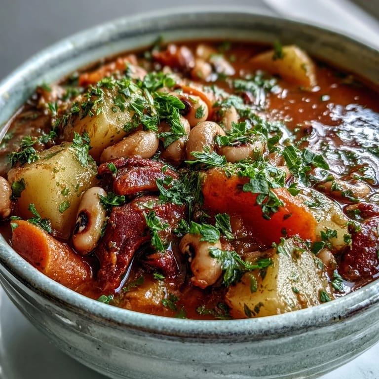 Black-Eyed Pea Stew with a chef’s touch, garnished with parsley and ideal alongside crusty bread for dipping.