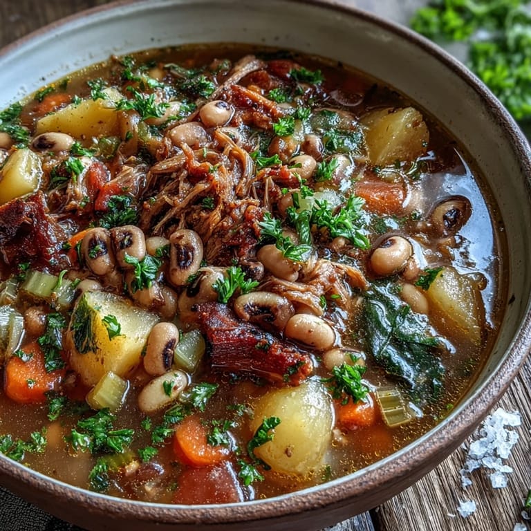 Close-up of Black-Eyed Pea Stew with Smoked Ham Hocks, featuring tender shredded ham, carrots, and potatoes in a rich, savory broth.