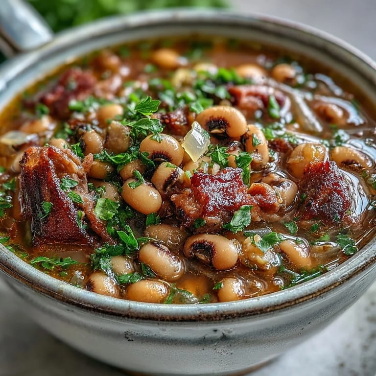Healthy Classic New Years Black-Eyed Peas in a pot, garnished with parsley and a dash of hot sauce, perfect for New Year's Day.