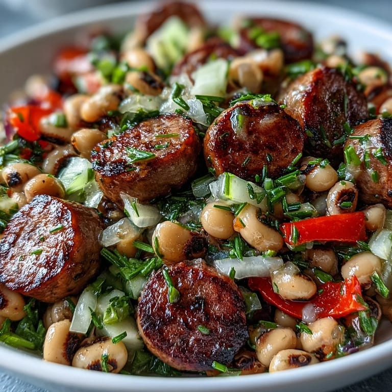 A plated serving of Hoppin John Style Black-Eyed Pea Salad with turkey sausage, greens, and herbs, ready to eat.