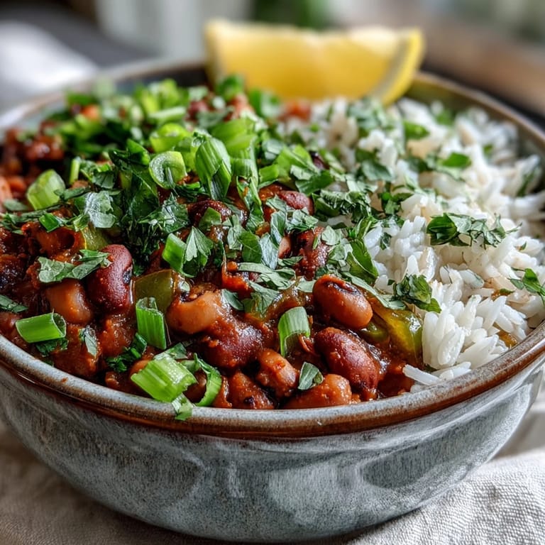 A hearty Southern dinner bowl garnished with chopped parsley and sliced green onions.