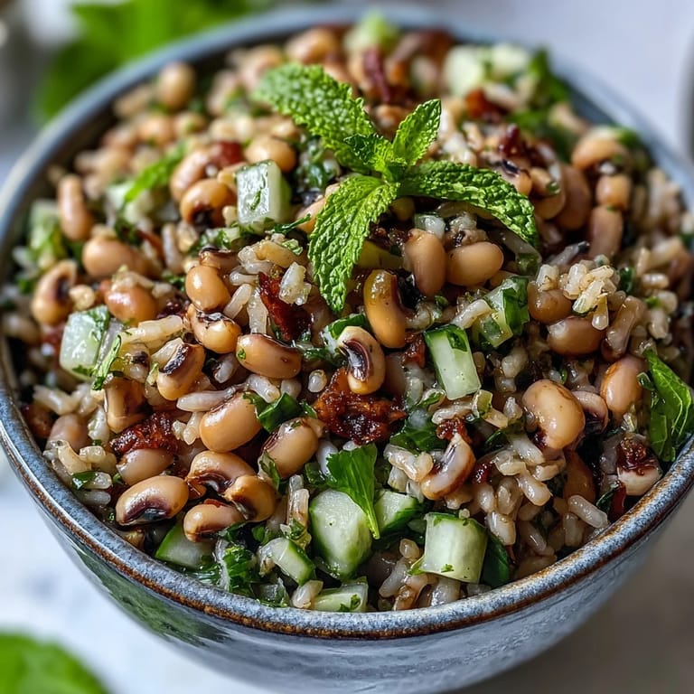 A close-up of Southern Black Eyed Pea Salad with lemon vinaigrette glistening on brown rice and celery.