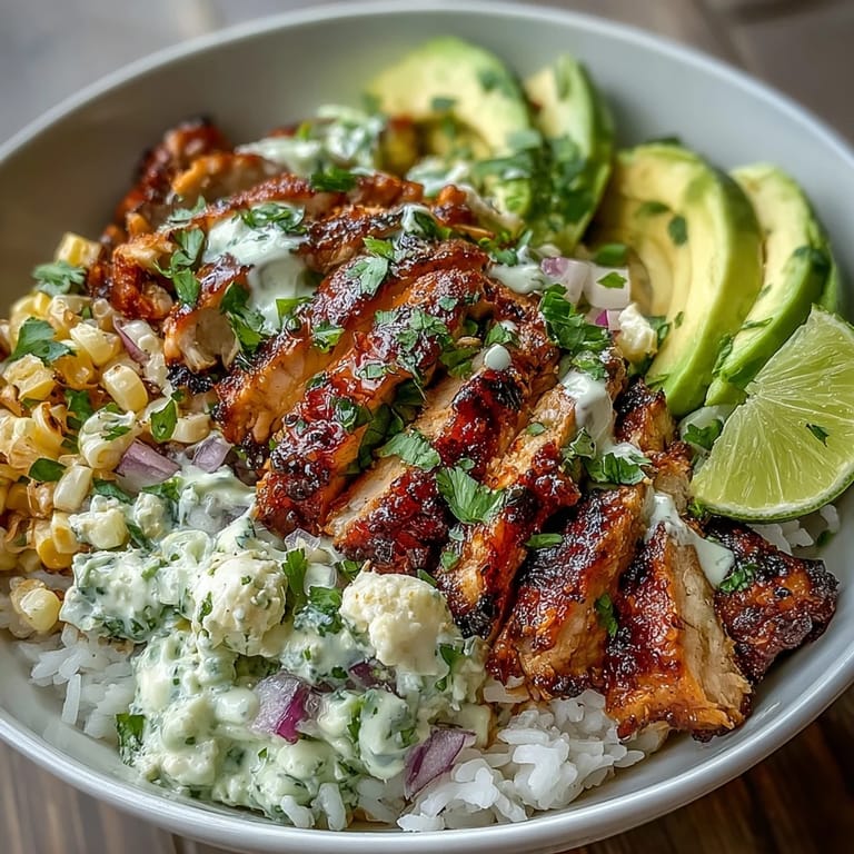 This hearty Street Corn Chicken Rice Bowl features golden corn, avocado, Cotija cheese, and a drizzle of creamy tajín sauce.